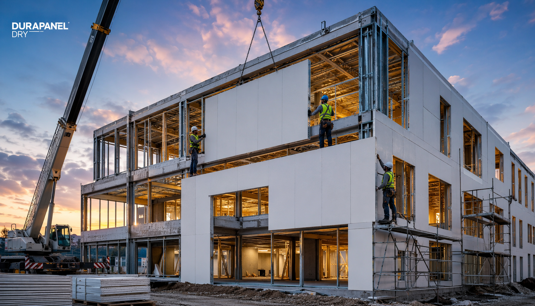 Edificio modular en construcción con sistema Durapanel Dry al atardecer